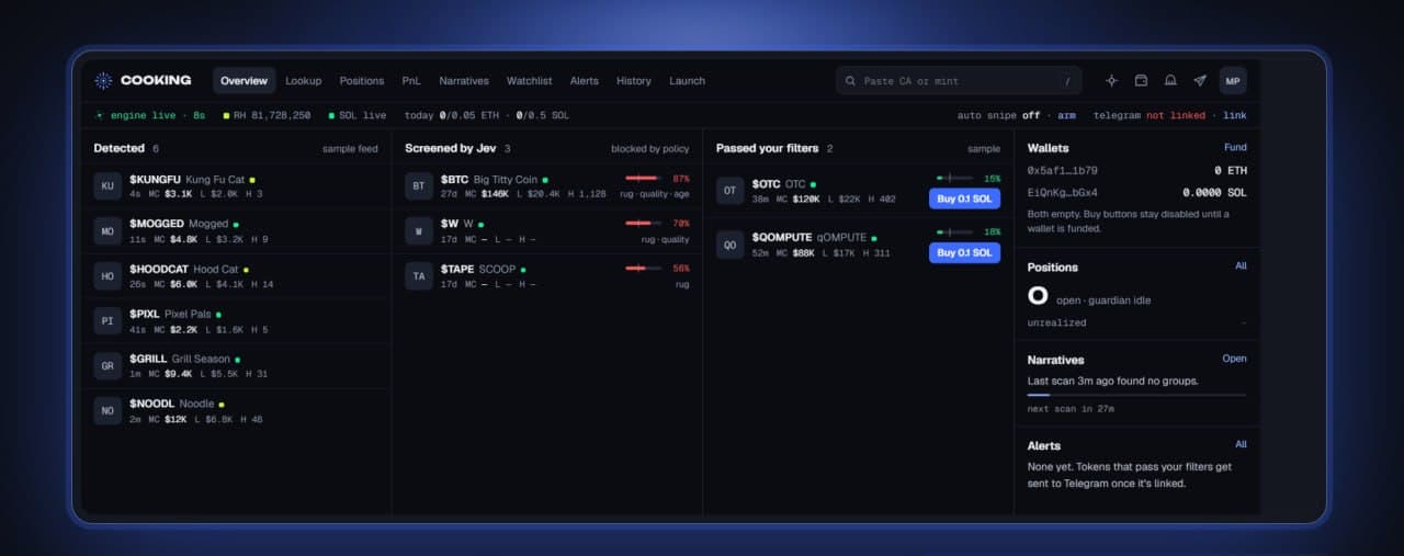 Cooking dashboard showing detected, screened, and passed tokens